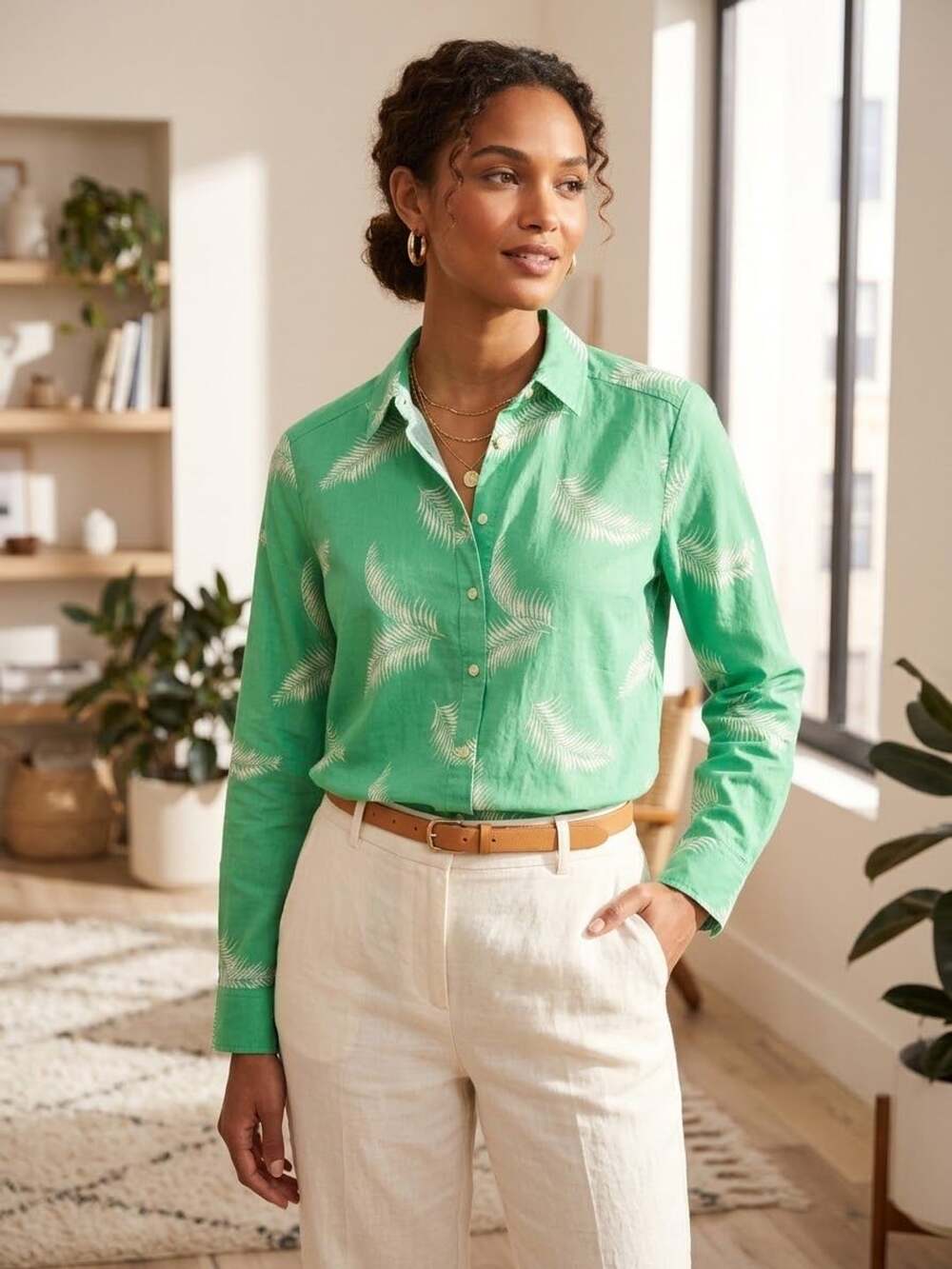 LOFT Palm Frond Button Down Shirt Size S Green White Long Sleeve